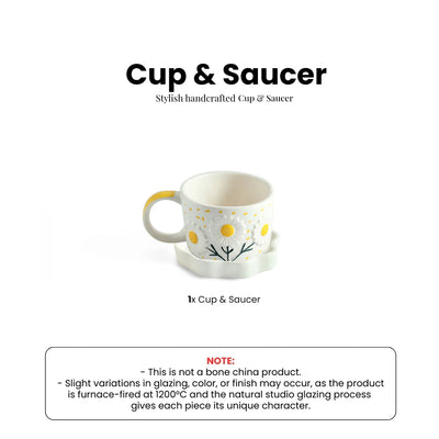 ExclusiveLane 'Floral Bloom' Ceramic Cup & Saucer For Coffee & Tea (300 ML, Microwave Safe, Hand-Painted)