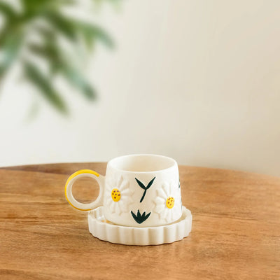 ExclusiveLane 'Floral Bloom' Ceramic Cup & Saucer For Coffee & Tea (310 ML, Microwave Safe, Hand-Painted)