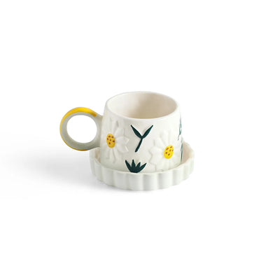 ExclusiveLane 'Floral Bloom' Ceramic Cup & Saucer For Coffee & Tea (310 ML, Microwave Safe, Hand-Painted)