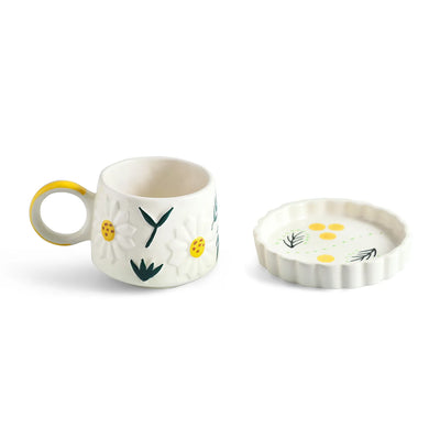ExclusiveLane 'Floral Bloom' Ceramic Cup & Saucer For Coffee & Tea (310 ML, Microwave Safe, Hand-Painted)
