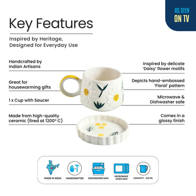 ExclusiveLane 'Floral Bloom' Ceramic Cup & Saucer For Coffee & Tea (310 ML, Microwave Safe, Hand-Painted)