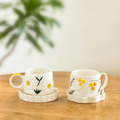 ExclusiveLane 'Sunbeam Bloom' Ceramic Cups & Saucers For Coffee & Tea (Set of 2, 310 ML, Microwave Safe, Hand-Painted)