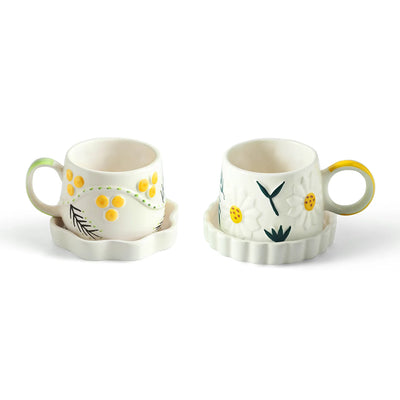 ExclusiveLane 'Sunbeam Bloom' Ceramic Cups & Saucers For Coffee & Tea (Set of 2, 310 ML, Microwave Safe, Hand-Painted)