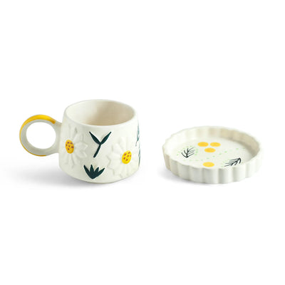 ExclusiveLane 'Sunbeam Bloom' Ceramic Cups & Saucers For Coffee & Tea (Set of 2, 310 ML, Microwave Safe, Hand-Painted)
