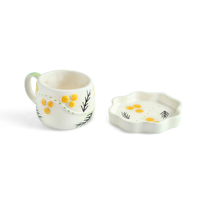 ExclusiveLane 'Sunbeam Bloom' Ceramic Cups & Saucers For Coffee & Tea (Set of 2, 310 ML, Microwave Safe, Hand-Painted)
