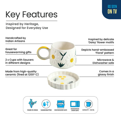 ExclusiveLane 'Sunbeam Bloom' Ceramic Cups & Saucers For Coffee & Tea (Set of 2, 310 ML, Microwave Safe, Hand-Painted)
