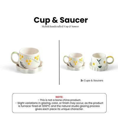 ExclusiveLane 'Sunbeam Bloom' Ceramic Cups & Saucers For Coffee & Tea (Set of 2, 310 ML, Microwave Safe, Hand-Painted)