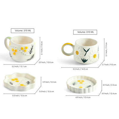 ExclusiveLane 'Sunbeam Bloom' Ceramic Cups & Saucers For Coffee & Tea (Set of 2, 310 ML, Microwave Safe, Hand-Painted)