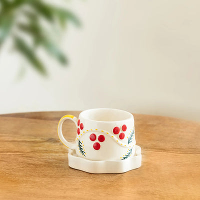 ExclusiveLane 'Dewdrop' Ceramic Cup & Saucer For Coffee & Tea (300 ML, Microwave Safe, Hand-Painted)