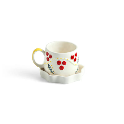 ExclusiveLane 'Dewdrop' Ceramic Cup & Saucer For Coffee & Tea (300 ML, Microwave Safe, Hand-Painted)
