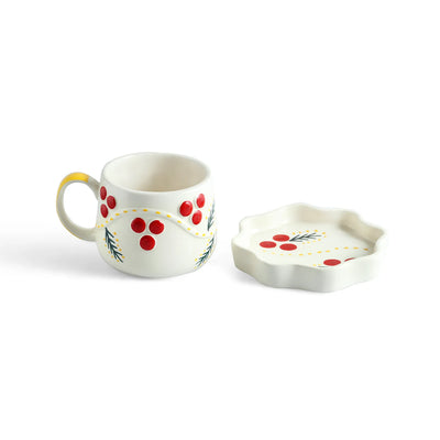 ExclusiveLane 'Dewdrop' Ceramic Cup & Saucer For Coffee & Tea (300 ML, Microwave Safe, Hand-Painted)