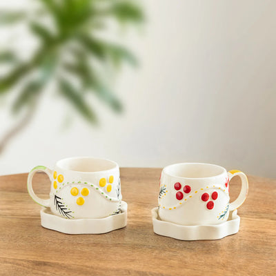 ExclusiveLane 'Sunbeam Bloom' Ceramic Cups & Saucers For Coffee & Tea (Set of 2, Microwave Safe, Hand-Painted)