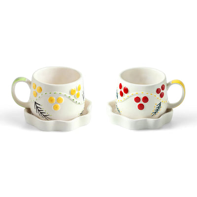 ExclusiveLane 'Sunbeam Bloom' Ceramic Cups & Saucers For Coffee & Tea (Set of 2, Microwave Safe, Hand-Painted)