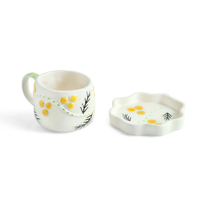 ExclusiveLane 'Sunbeam Bloom' Ceramic Cups & Saucers For Coffee & Tea (Set of 2, Microwave Safe, Hand-Painted)