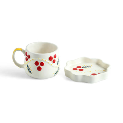 ExclusiveLane 'Sunbeam Bloom' Ceramic Cups & Saucers For Coffee & Tea (Set of 2, Microwave Safe, Hand-Painted)