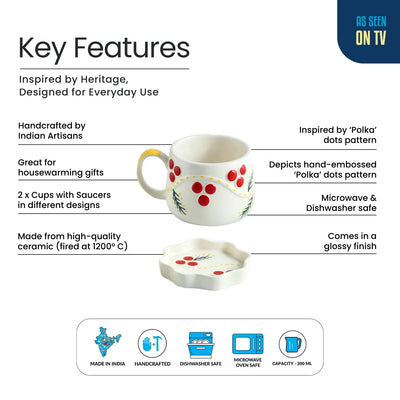 ExclusiveLane 'Sunbeam Bloom' Ceramic Cups & Saucers For Coffee & Tea (Set of 2, Microwave Safe, Hand-Painted)
