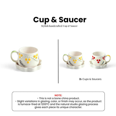 ExclusiveLane 'Sunbeam Bloom' Ceramic Cups & Saucers For Coffee & Tea (Set of 2, Microwave Safe, Hand-Painted)