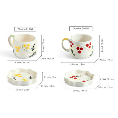 ExclusiveLane 'Sunbeam Bloom' Ceramic Cups & Saucers For Coffee & Tea (Set of 2, Microwave Safe, Hand-Painted)