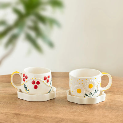 ExclusiveLane 'Bloom Burst' Ceramic Cups & Saucers For Coffee & Tea (Set of 2, 300 ML, Microwave Safe, Hand-Painted)