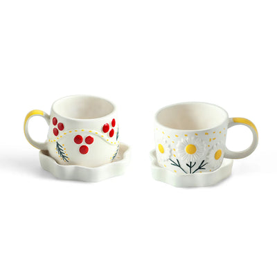 ExclusiveLane 'Bloom Burst' Ceramic Cups & Saucers For Coffee & Tea (Set of 2, 300 ML, Microwave Safe, Hand-Painted)