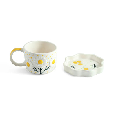 ExclusiveLane 'Bloom Burst' Ceramic Cups & Saucers For Coffee & Tea (Set of 2, 300 ML, Microwave Safe, Hand-Painted)