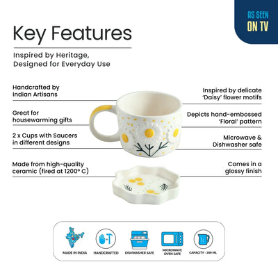 ExclusiveLane 'Bloom Burst' Ceramic Cups & Saucers For Coffee & Tea (Set of 2, 300 ML, Microwave Safe, Hand-Painted)