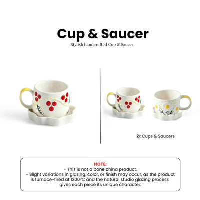 ExclusiveLane 'Bloom Burst' Ceramic Cups & Saucers For Coffee & Tea (Set of 2, 300 ML, Microwave Safe, Hand-Painted)