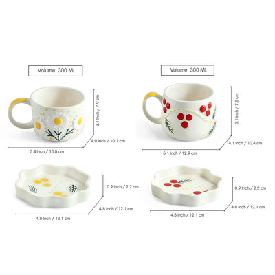 ExclusiveLane 'Bloom Burst' Ceramic Cups & Saucers For Coffee & Tea (Set of 2, 300 ML, Microwave Safe, Hand-Painted)