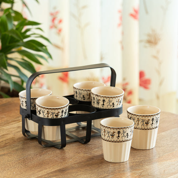  'Warli Tales' Ceramic Tea/Chai Glasses With Iron Holder (Set of 6, 130 ML, Handcrafted)