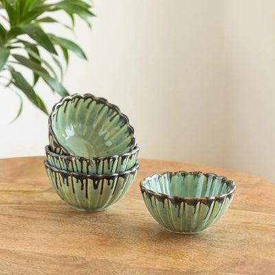 ExclusiveLane 'Ripple Blooms' Ceramic Serving/Snack Bowls (Set Of 4, 360 ML, Hand-Embossed)