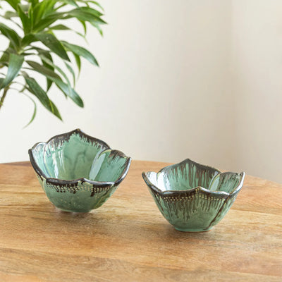 ExclusiveLane 'Hibiscus Bowls' Ceramic Serving/Snack Bowls (Set Of 2, 360 ML, Hand-Embossed)