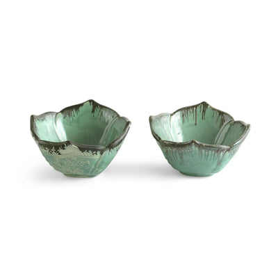ExclusiveLane 'Hibiscus Bowls' Ceramic Serving/Snack Bowls (Set Of 2, 360 ML, Hand-Embossed)
