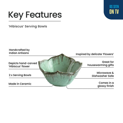 ExclusiveLane 'Hibiscus Bowls' Ceramic Serving/Snack Bowls (Set Of 2, 360 ML, Hand-Embossed)