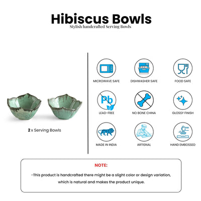 ExclusiveLane 'Hibiscus Bowls' Ceramic Serving/Snack Bowls (Set Of 2, 360 ML, Hand-Embossed)