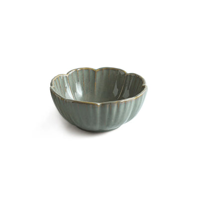 ExclusiveLane 'Green Flower Bowls' Ceramic Serving/Snack Bowls (Set Of 2, 830 ML, Hand-Embossed)