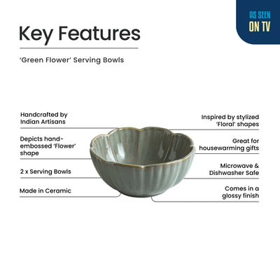 ExclusiveLane 'Green Flower Bowls' Ceramic Serving/Snack Bowls (Set Of 2, 830 ML, Hand-Embossed)