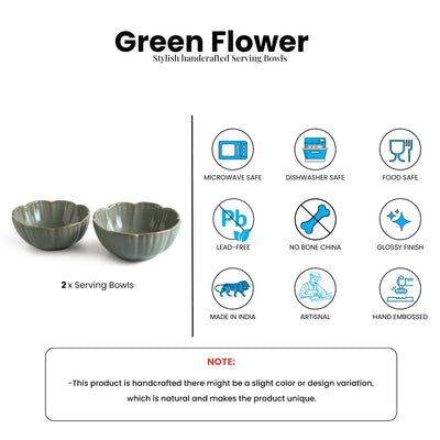 ExclusiveLane 'Green Flower Bowls' Ceramic Serving/Snack Bowls (Set Of 2, 830 ML, Hand-Embossed)