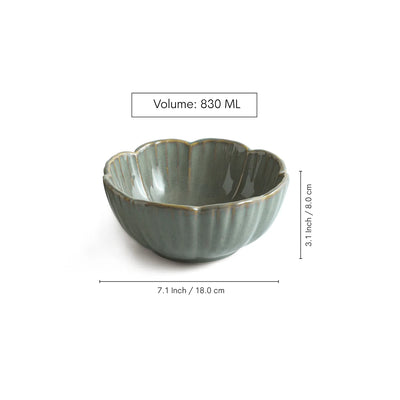 ExclusiveLane 'Green Flower Bowls' Ceramic Serving/Snack Bowls (Set Of 2, 830 ML, Hand-Embossed)