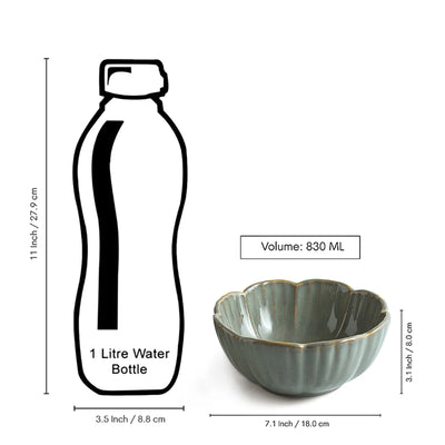 ExclusiveLane 'Green Flower Bowls' Ceramic Serving/Snack Bowls (Set Of 2, 830 ML, Hand-Embossed)