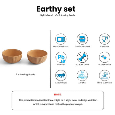 ExclusiveLane 'Earthy set' Ceramic Serving/Snack Bowls (Set Of 2, 510 ML, Hand-Embossed)