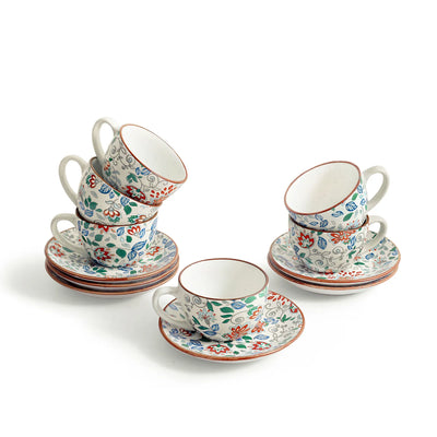 ExclusiveLane 'Spring Garden' Ceramic Tea Cups & Saucers (Set Of 6, 190 ML, Microwave Safe, Handcrafted)