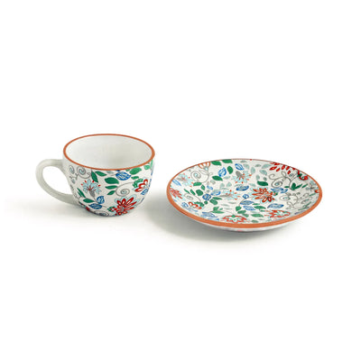 ExclusiveLane 'Spring Garden' Ceramic Tea Cups & Saucers (Set Of 6, 190 ML, Microwave Safe, Handcrafted)