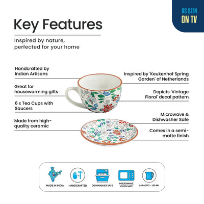 ExclusiveLane 'Spring Garden' Ceramic Tea Cups & Saucers (Set Of 6, 190 ML, Microwave Safe, Handcrafted)