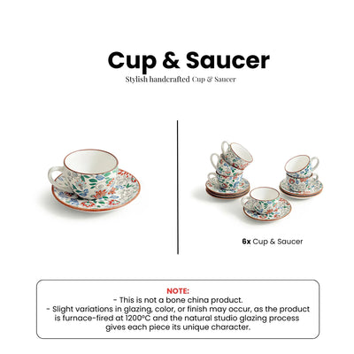 ExclusiveLane 'Spring Garden' Ceramic Tea Cups & Saucers (Set Of 6, 190 ML, Microwave Safe, Handcrafted)