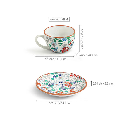 ExclusiveLane 'Spring Garden' Ceramic Tea Cups & Saucers (Set Of 6, 190 ML, Microwave Safe, Handcrafted)