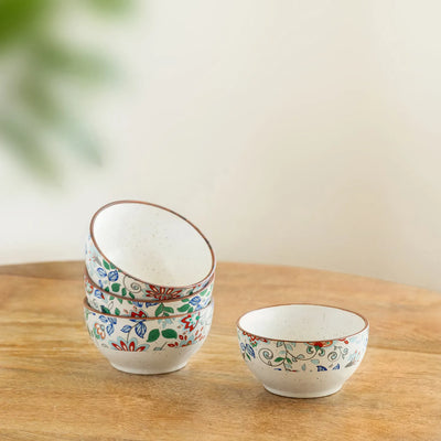 ExclusiveLane 'Spring Garden' Ceramic Dinner Bowls/Katoris (Set Of 4, 190 ML, Microwave Safe, Handcrafted)
