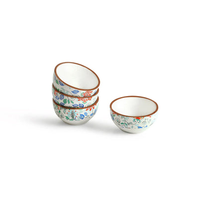 ExclusiveLane 'Spring Garden' Ceramic Dinner Bowls/Katoris (Set Of 4, 190 ML, Microwave Safe, Handcrafted)