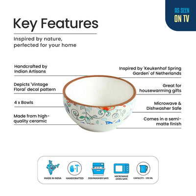 ExclusiveLane 'Spring Garden' Ceramic Dinner Bowls/Katoris (Set Of 4, 190 ML, Microwave Safe, Handcrafted)