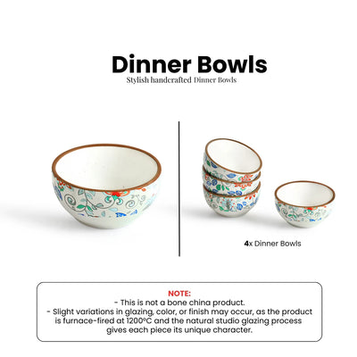 ExclusiveLane 'Spring Garden' Ceramic Dinner Bowls/Katoris (Set Of 4, 190 ML, Microwave Safe, Handcrafted)