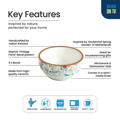 ExclusiveLane 'Spring Garden' Ceramic Dinner Bowls/Katoris (Set Of 6, 190 ML, Microwave Safe, Handcrafted)